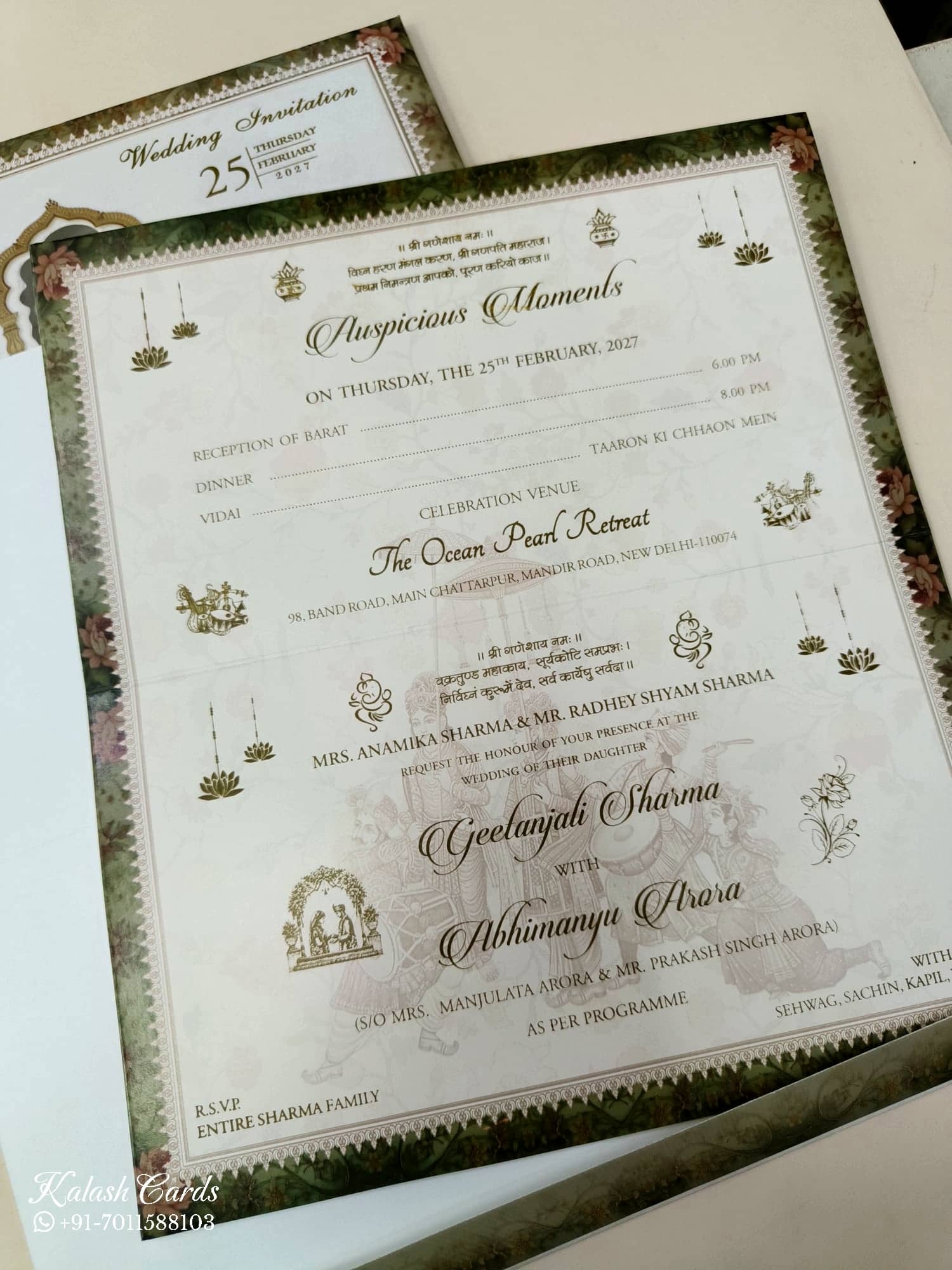 KLB623 Raja Rani Design Green Color Semi Box Wedding Card (2 Page)