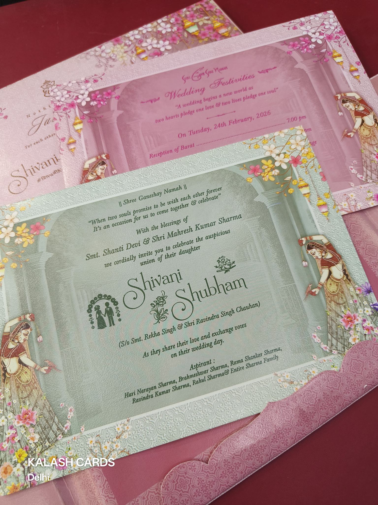KLB623 Floral Dulha Dulhan Design Padding Hardboard Thick Wedding Card (2 Page)-Kalash Cards