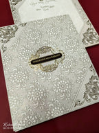 KLB625 Floral Traditional Design White Grey Color Embossed Semi Box Wedding Card (2 Page)