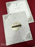 KLB625 Floral Traditional Design White Grey Color Embossed Semi Box Wedding Card (2 Page)