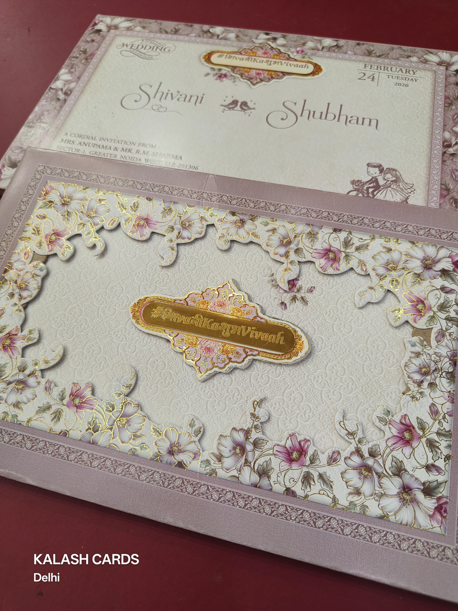 KLB627 Laser Cut Floral Border Design Padding Hardboard Thick Wedding Card (2 Page & Couple Name Acrylic Mirror)-Kalash Cards