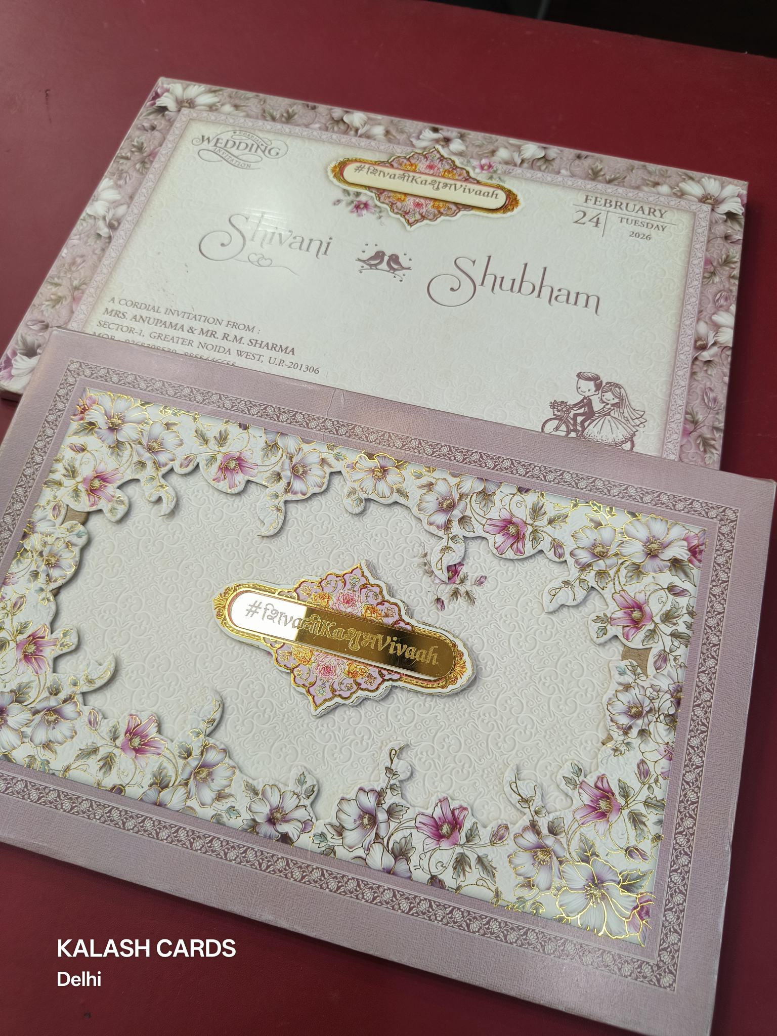 KLB627 Laser Cut Floral Border Design Padding Hardboard Thick Wedding Card (2 Page & Couple Name Acrylic Mirror)-Kalash Cards
