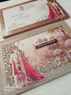 KLB628 Laser Cut Raja Rani Barat Theme Padding Hardboard Thick Wedding Card (2 Thick Page & 1 Couple Name Plate)-Kalash Cards