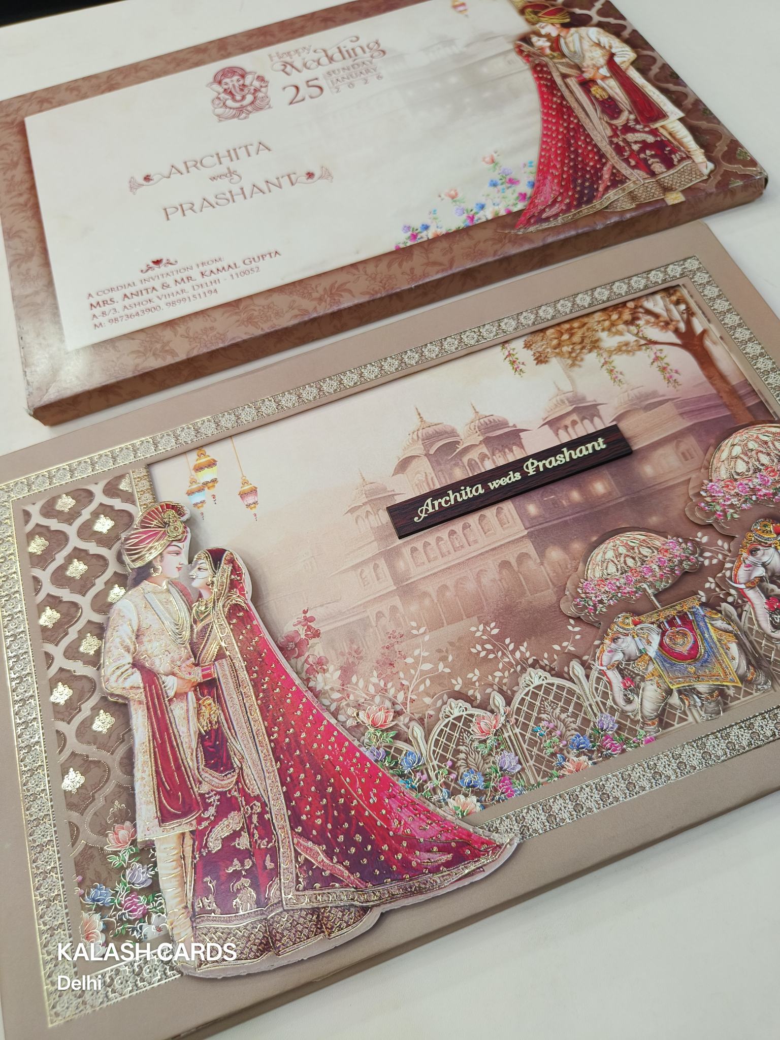 KLB628 Laser Cut Raja Rani Barat Theme Padding Hardboard Thick Wedding Card (2 Thick Page & 1 Couple Name Plate)-Kalash Cards