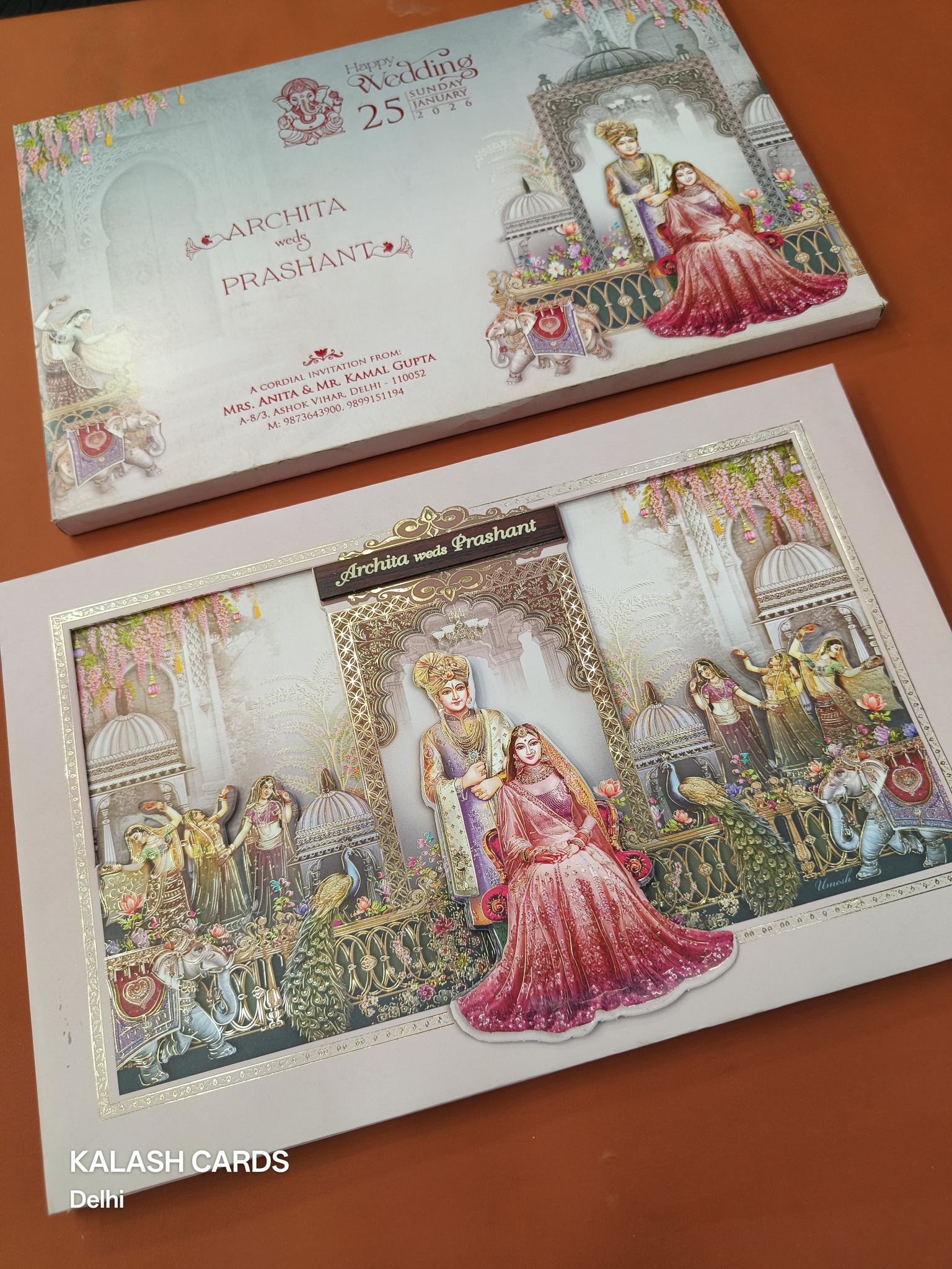 KLB629 Royal Barat Theme Padding Hardboard Thick Wedding Card (2 Thick Page & Couple Name Plate)-Kalash Cards