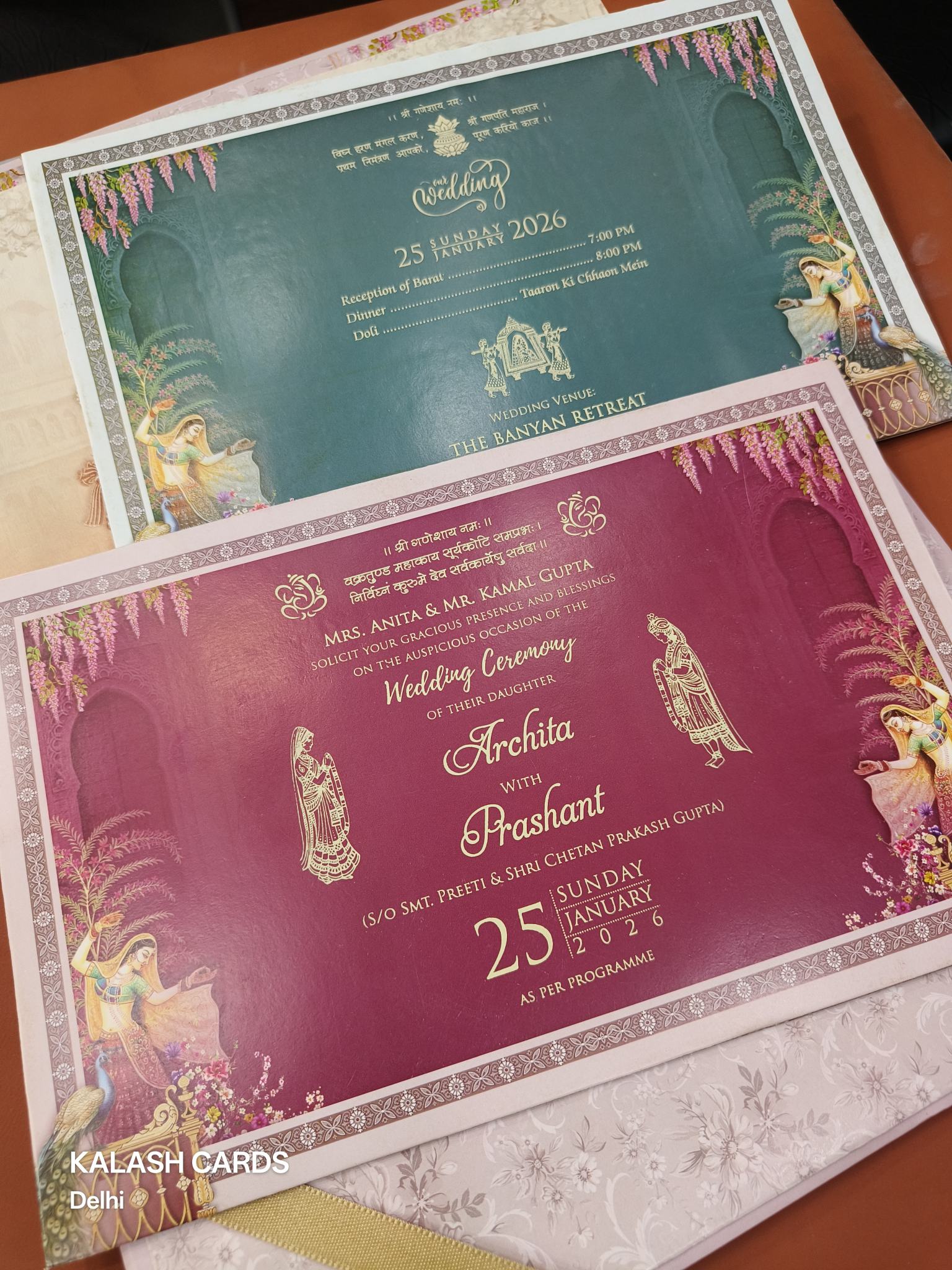 KLB629 Royal Barat Theme Padding Hardboard Thick Wedding Card (2 Thick Page & Couple Name Plate)-Kalash Cards