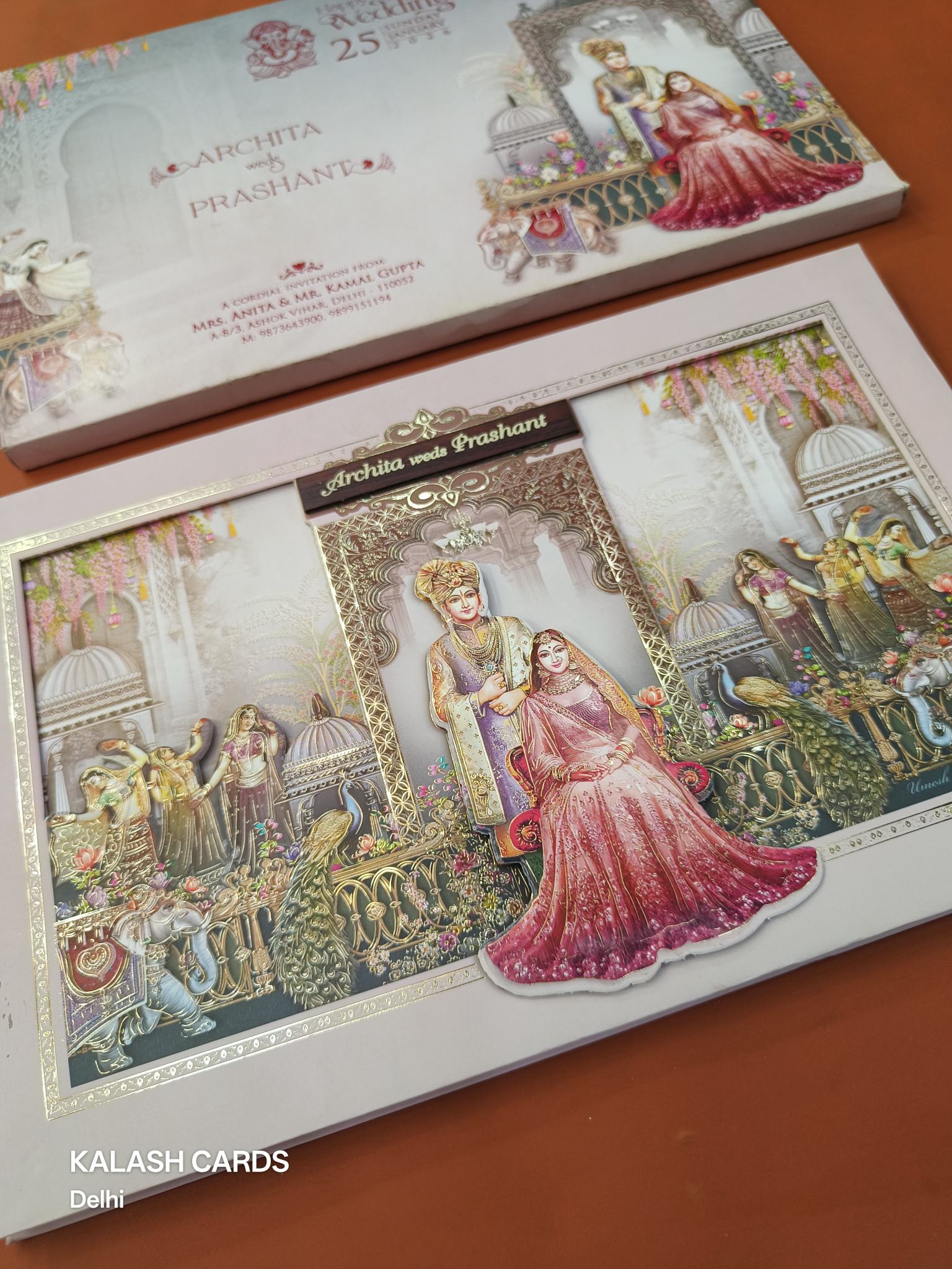 KLB629 Royal Barat Theme Padding Hardboard Thick Wedding Card (2 Thick Page & Couple Name Plate)-Kalash Cards