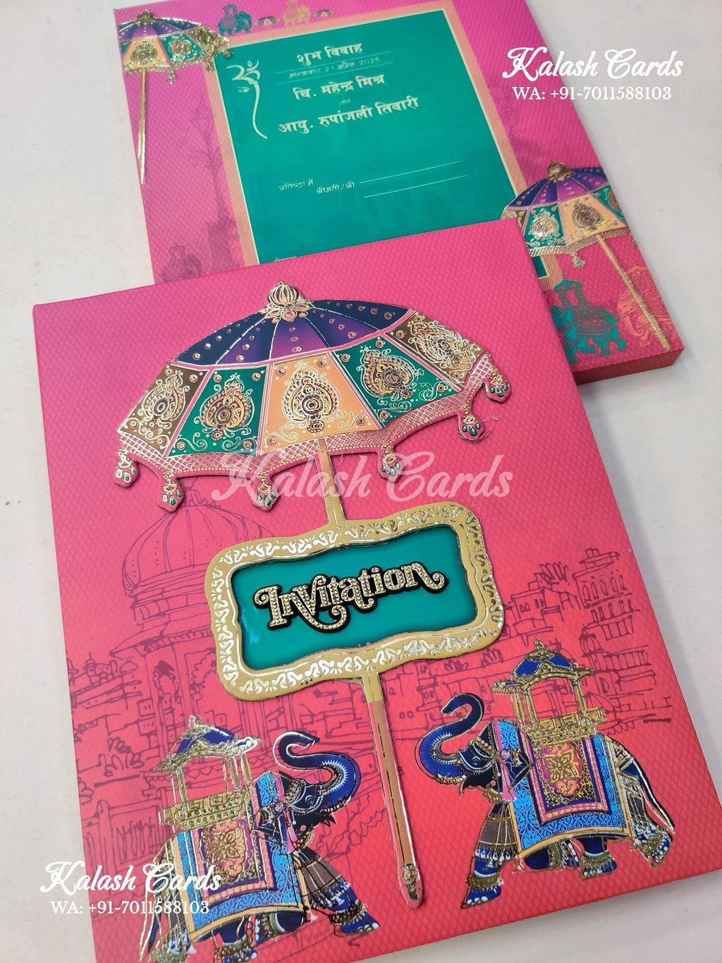 KLB635 Traditional Elephant Design Padding Hardboard Thick Wedding Card (2 Thick Page)-Kalash Cards