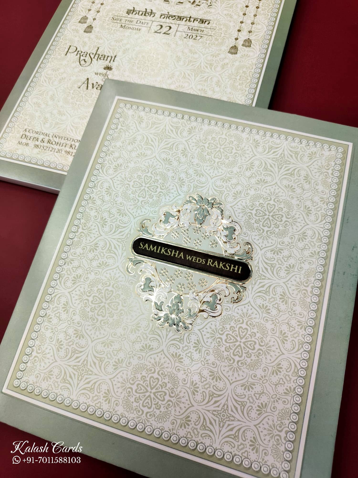 KLB636 Floral Traditional Design White Green Color Embossed Semi Box Wedding Card (2 Page & 1 Couple Name Wooden Plate)