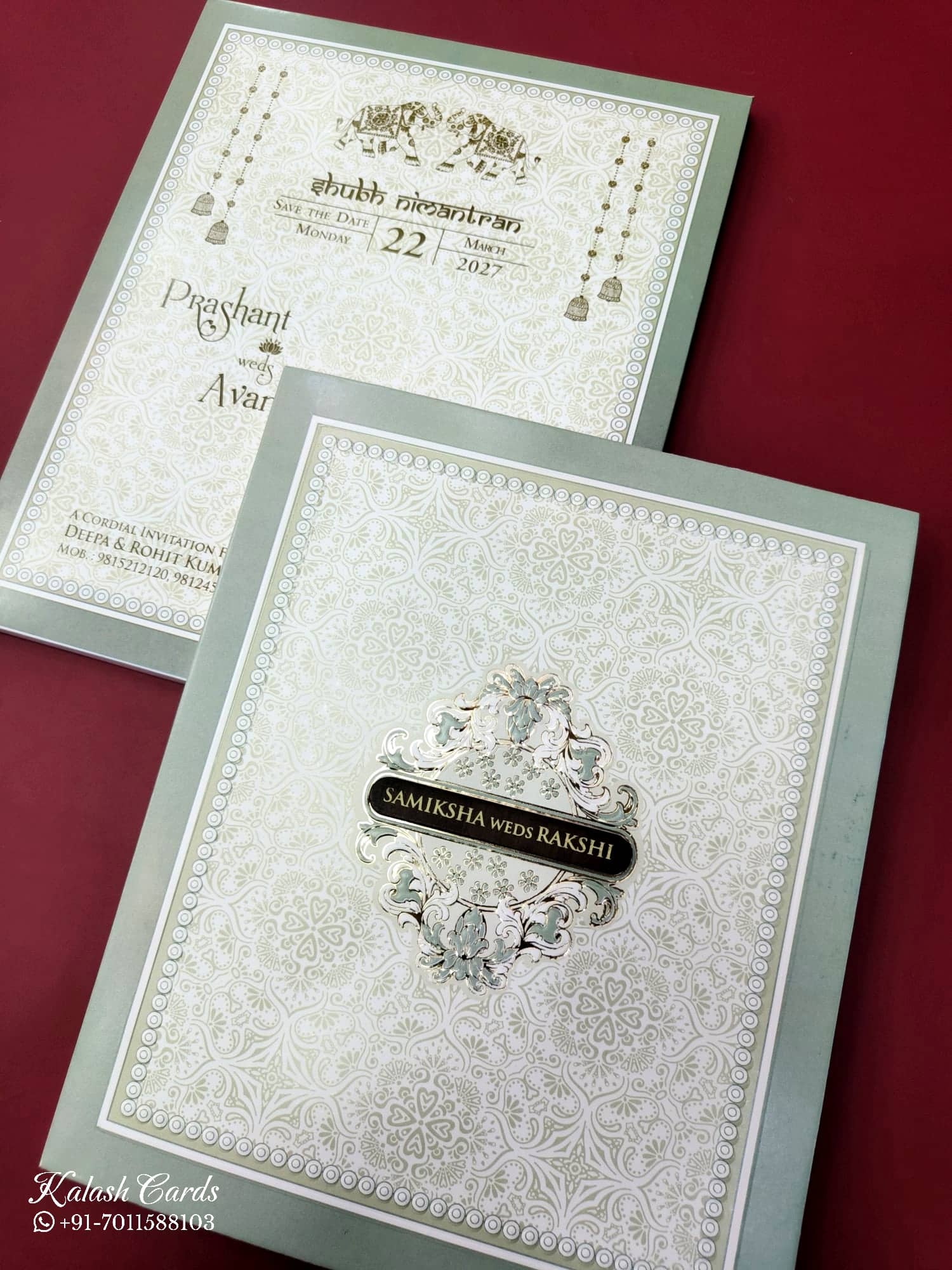 KLB636 Floral Traditional Design White Green Color Embossed Semi Box Wedding Card (2 Page & 1 Couple Name Wooden Plate)