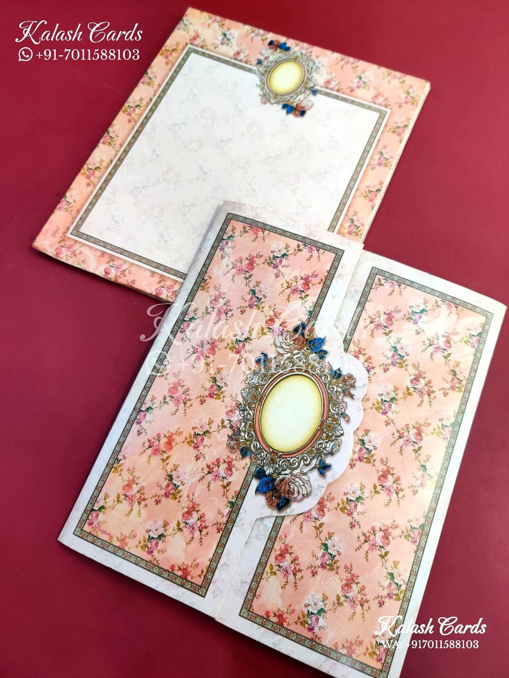 KLB643 Floral Design Door Style Semi Box Wedding Card (2 Page)-Kalash Cards