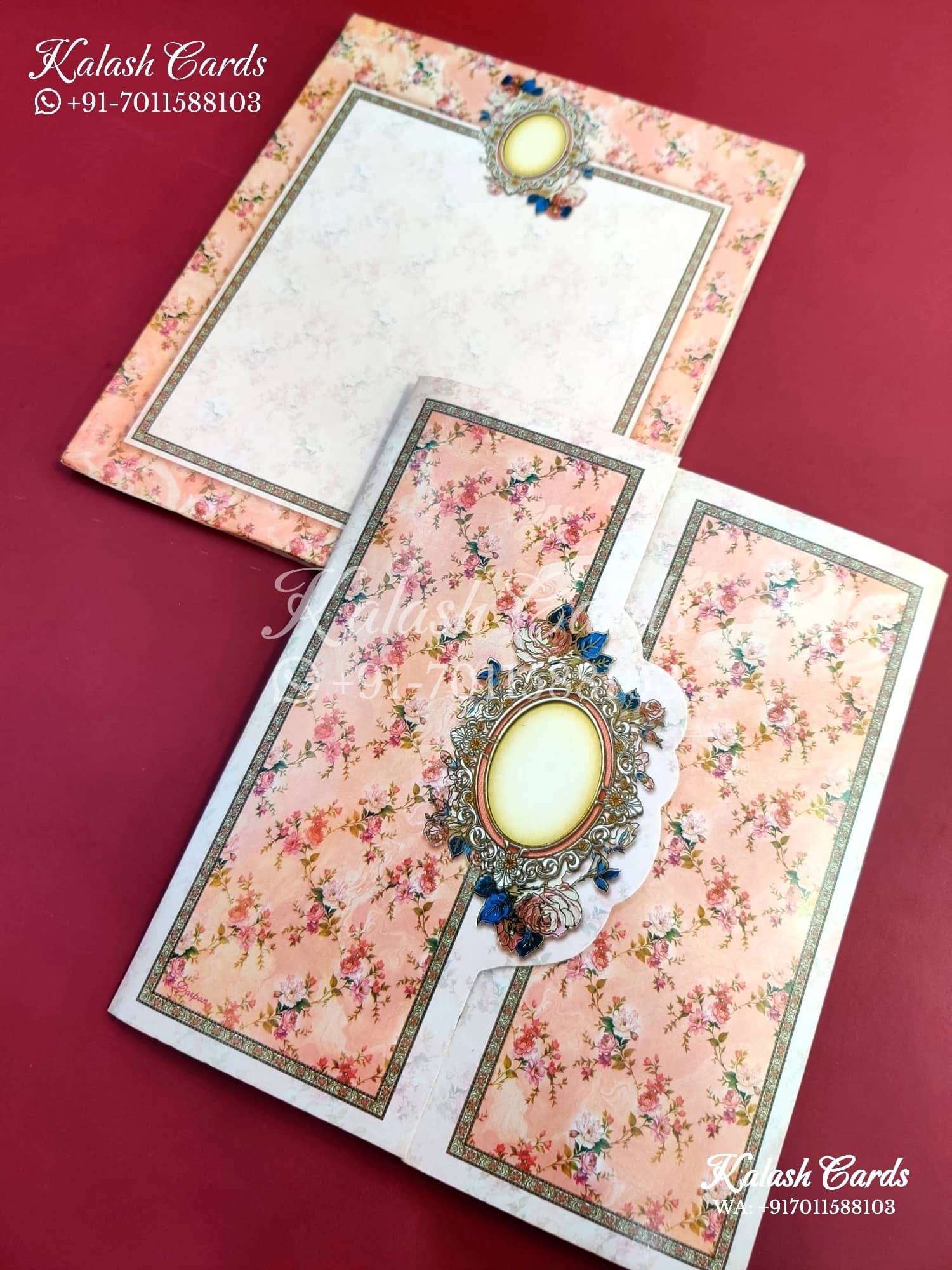 KLB643 Floral Design Door Style Semi Box Wedding Card (2 Page)-Kalash Cards