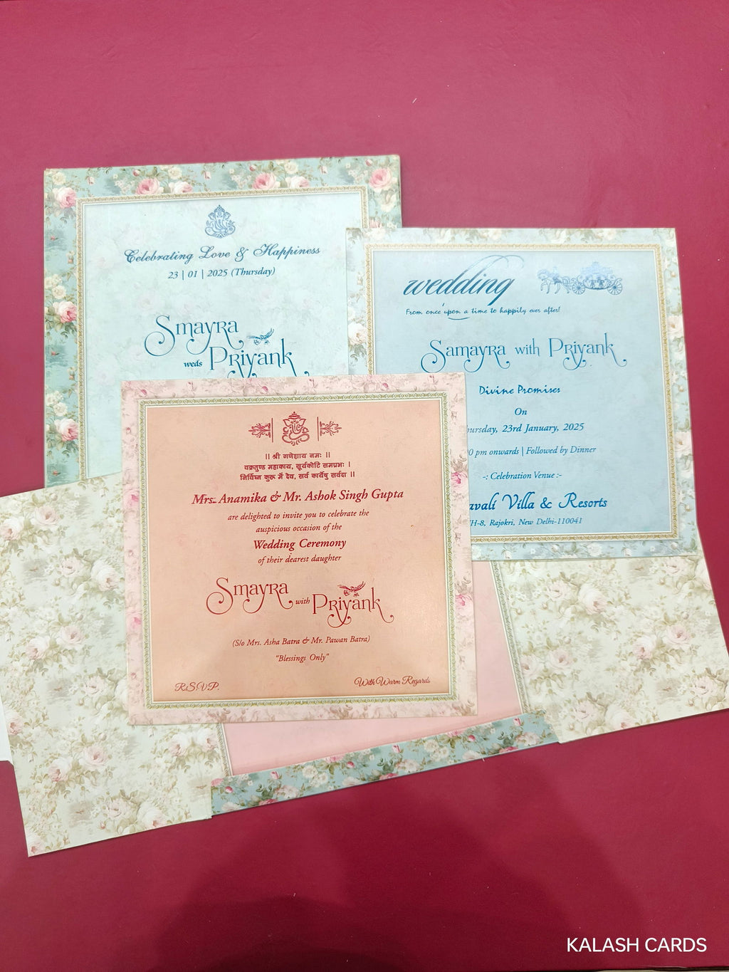 KLB645 Floral Design Semi Box Paper Wedding Card - Kalash Cards