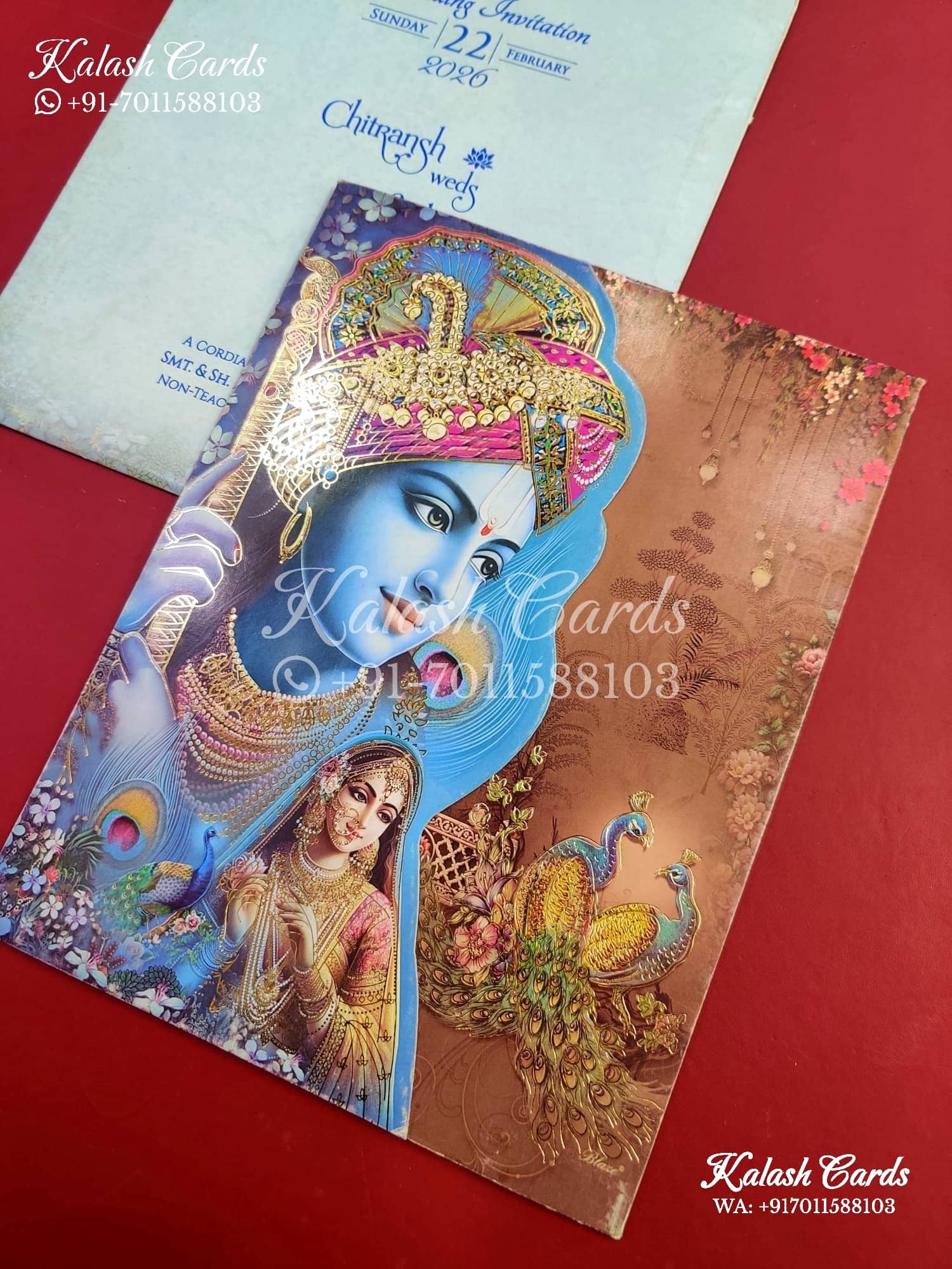 KLB650 Radha Krishna Design Door Style Wedding Card (2 Pages)-Kalash Cards