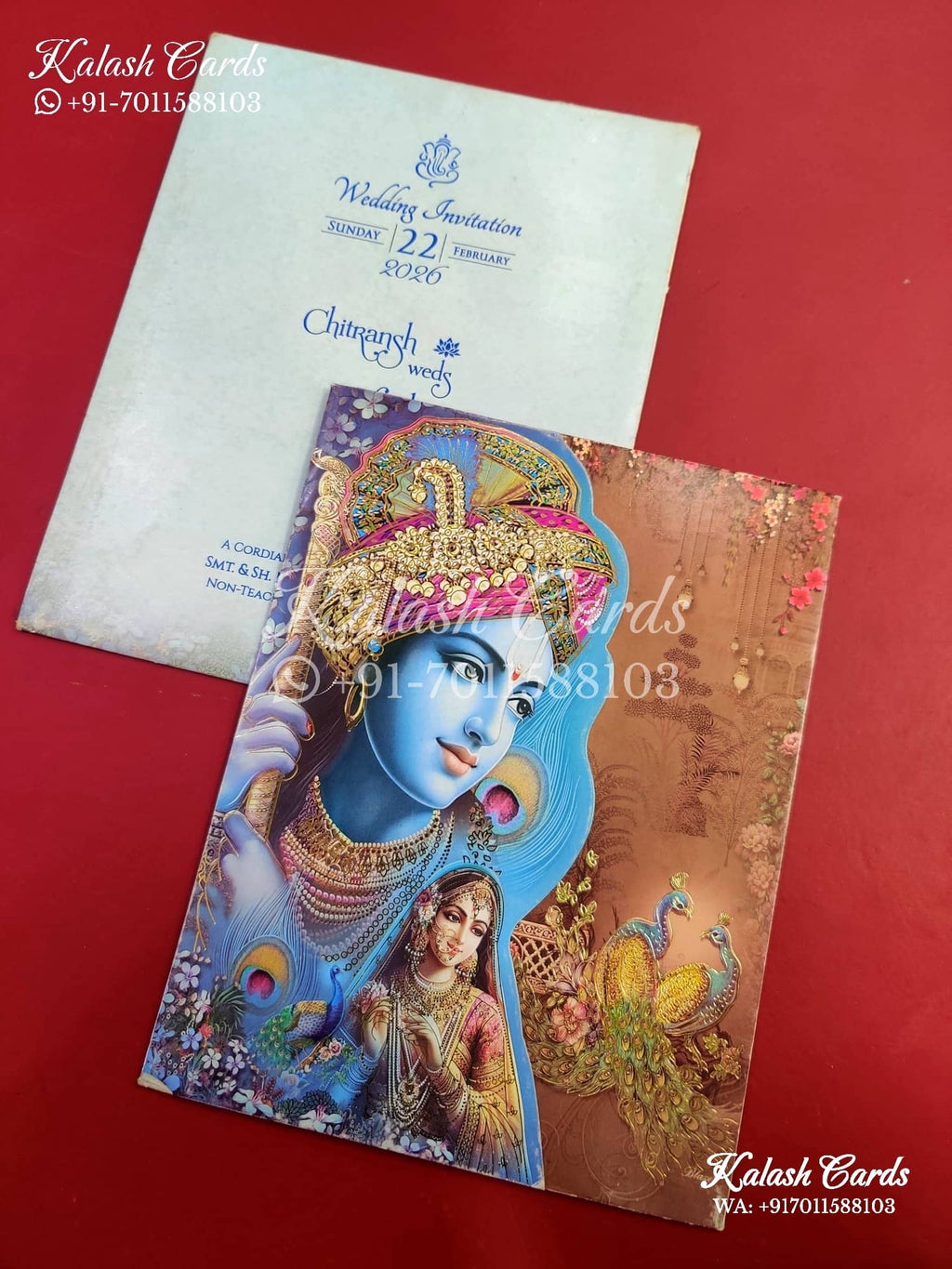 KLB650 Radha Krishna Design Door Style Wedding Card (2 Pages)-Kalash Cards