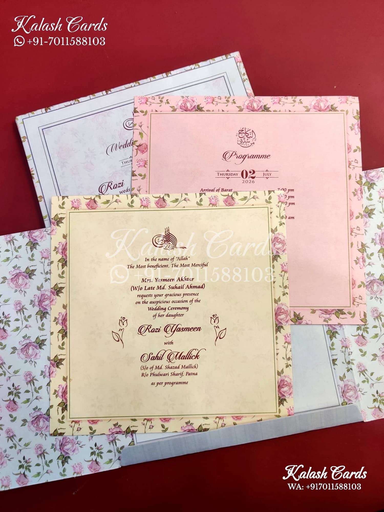 KLB651 Floral Design Door Style Semi Box Wedding Card (2 Pages)-Kalash Cards