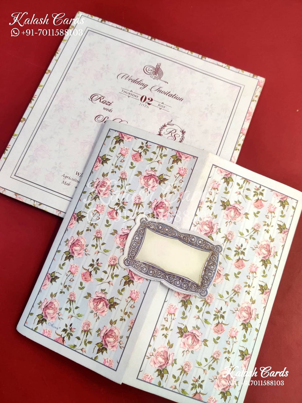 KLB651 Floral Design Door Style Semi Box Wedding Card (2 Pages)-Kalash Cards
