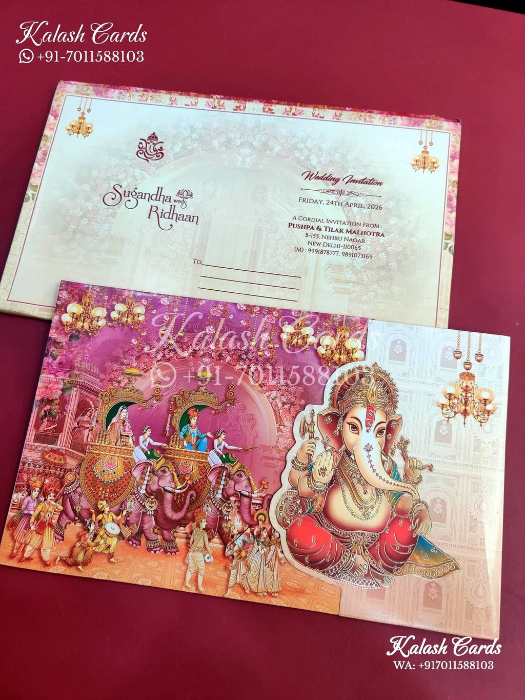KLB654 Ganesh Theme Semi Box Wedding Card (2 Pages)-Kalash Cards