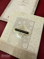 KLB662 Floral Traditional Design Creme Color Embossed Semi Box Wedding Card (2 Page & 1 Couple Name Wooden Plate)
