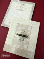 KLB662 Floral Traditional Design Creme Color Embossed Semi Box Wedding Card (2 Page & 1 Couple Name Wooden Plate)