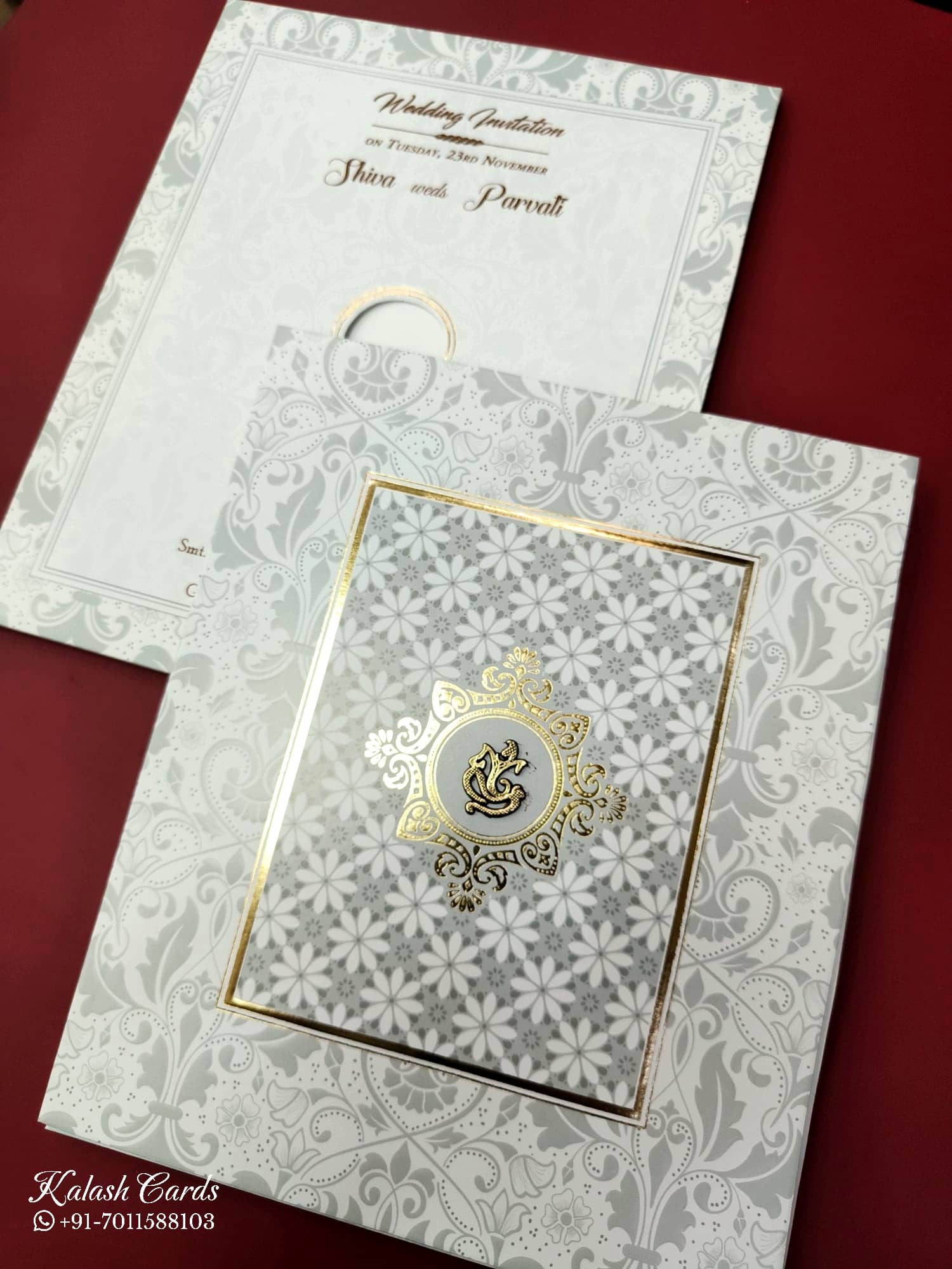 KLB663 Floral Traditional Design Grey Color Semi Box Wedding Card (2 Page)