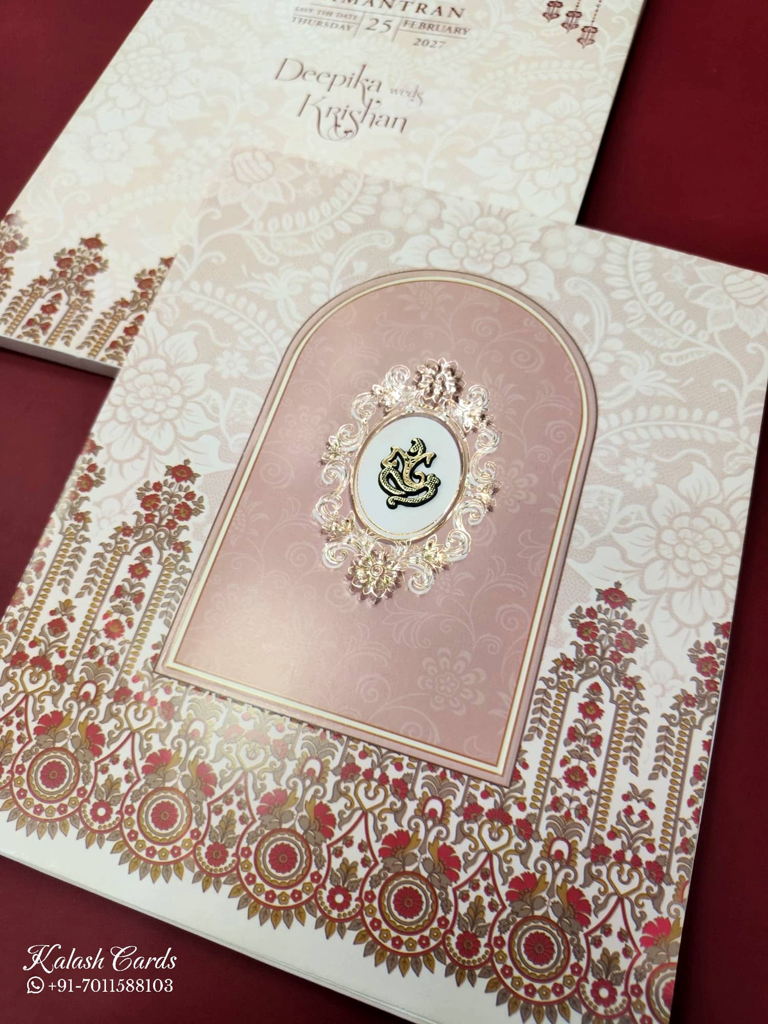KLB664 Floral Traditional Design Pink Color Semi Box Wedding Card (2 Page)