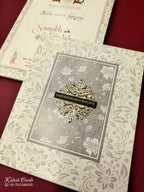 KLB665 Floral Traditional Design Creme Grey Color Embossed Semi Box Wedding Card (2 Page & 1 Couple Name Wooden Plate)
