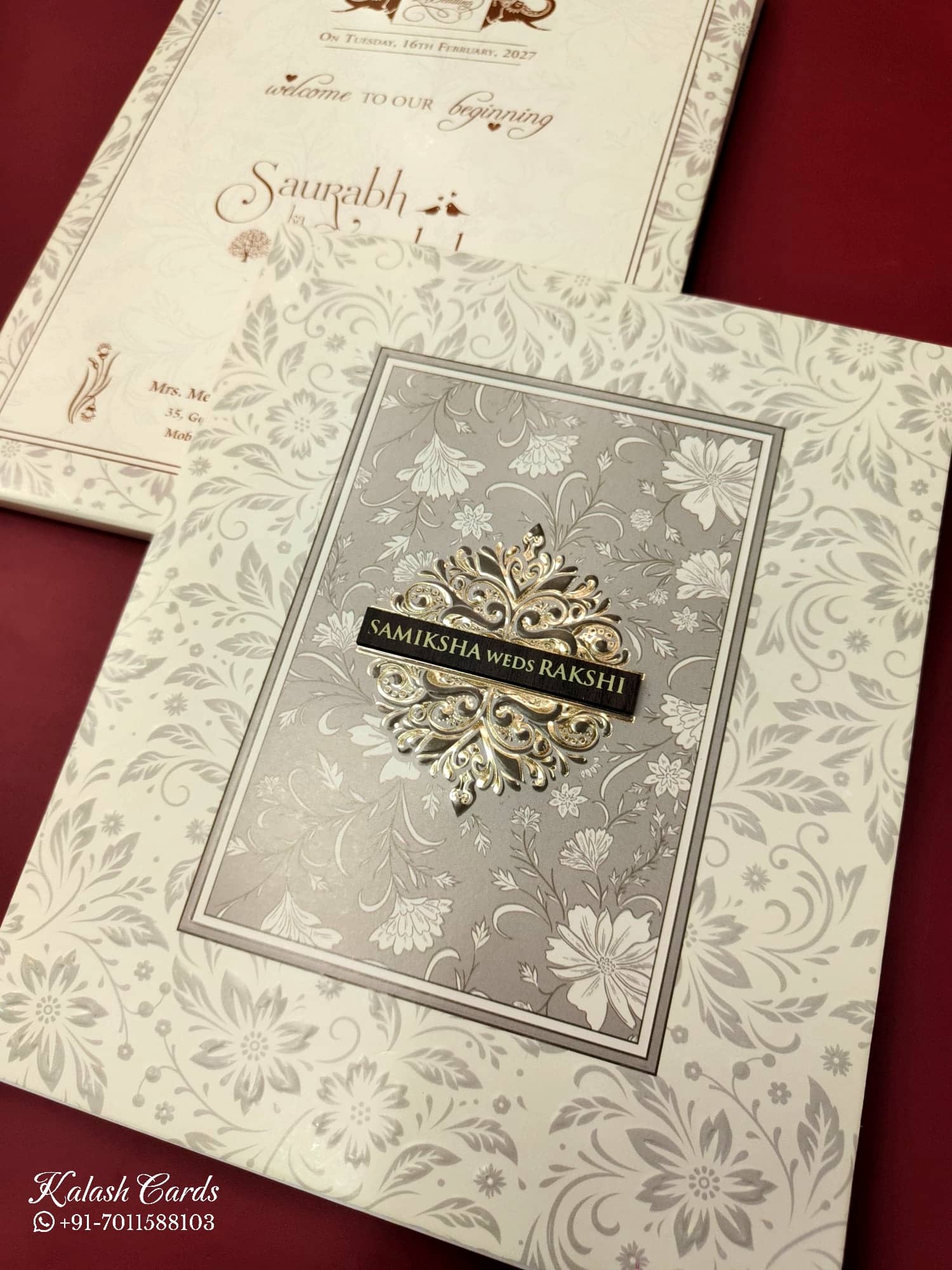 KLB665 Floral Traditional Design Creme Grey Color Embossed Semi Box Wedding Card (2 Page & 1 Couple Name Wooden Plate)