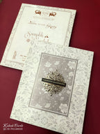 KLB665 Floral Traditional Design Creme Grey Color Embossed Semi Box Wedding Card (2 Page & 1 Couple Name Wooden Plate)