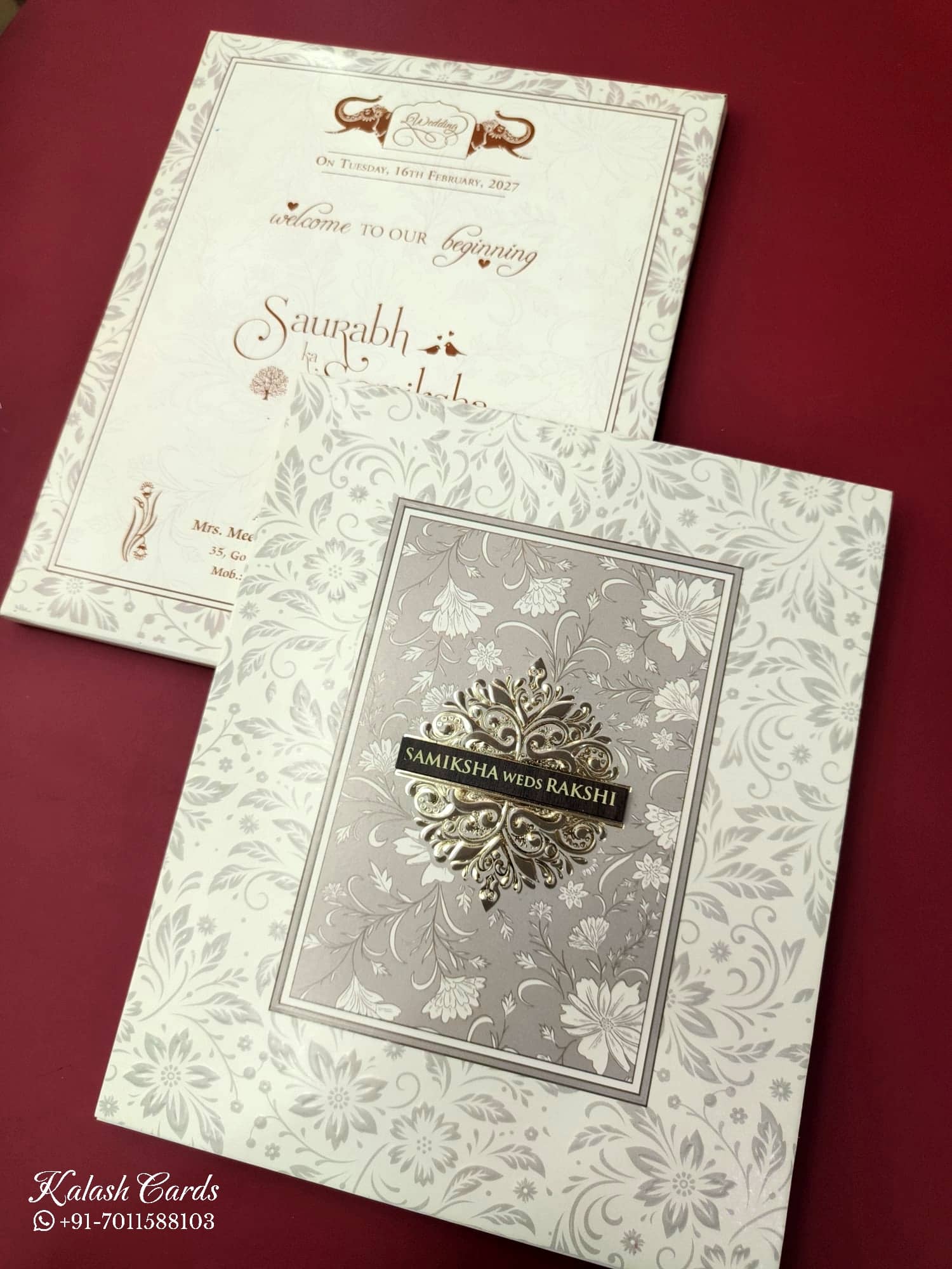 KLB665 Floral Traditional Design Creme Grey Color Embossed Semi Box Wedding Card (2 Page & 1 Couple Name Wooden Plate)
