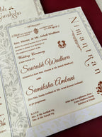 KLB665 Floral Traditional Design Creme Grey Color Embossed Semi Box Wedding Card (2 Page & 1 Couple Name Wooden Plate)