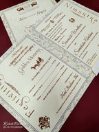 KLB665 Floral Traditional Design Creme Grey Color Embossed Semi Box Wedding Card (2 Page & 1 Couple Name Wooden Plate)