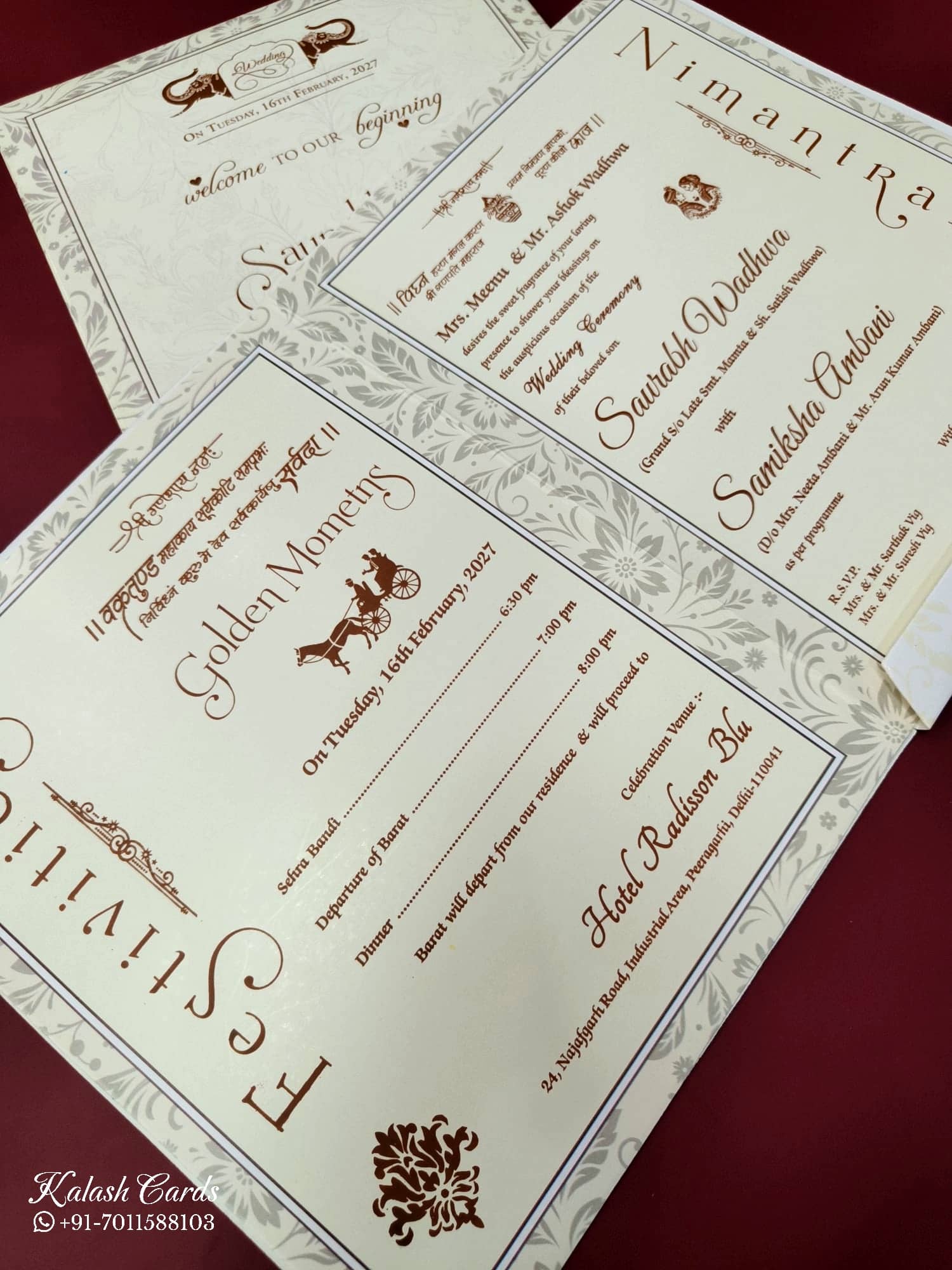 KLB665 Floral Traditional Design Creme Grey Color Embossed Semi Box Wedding Card (2 Page & 1 Couple Name Wooden Plate)