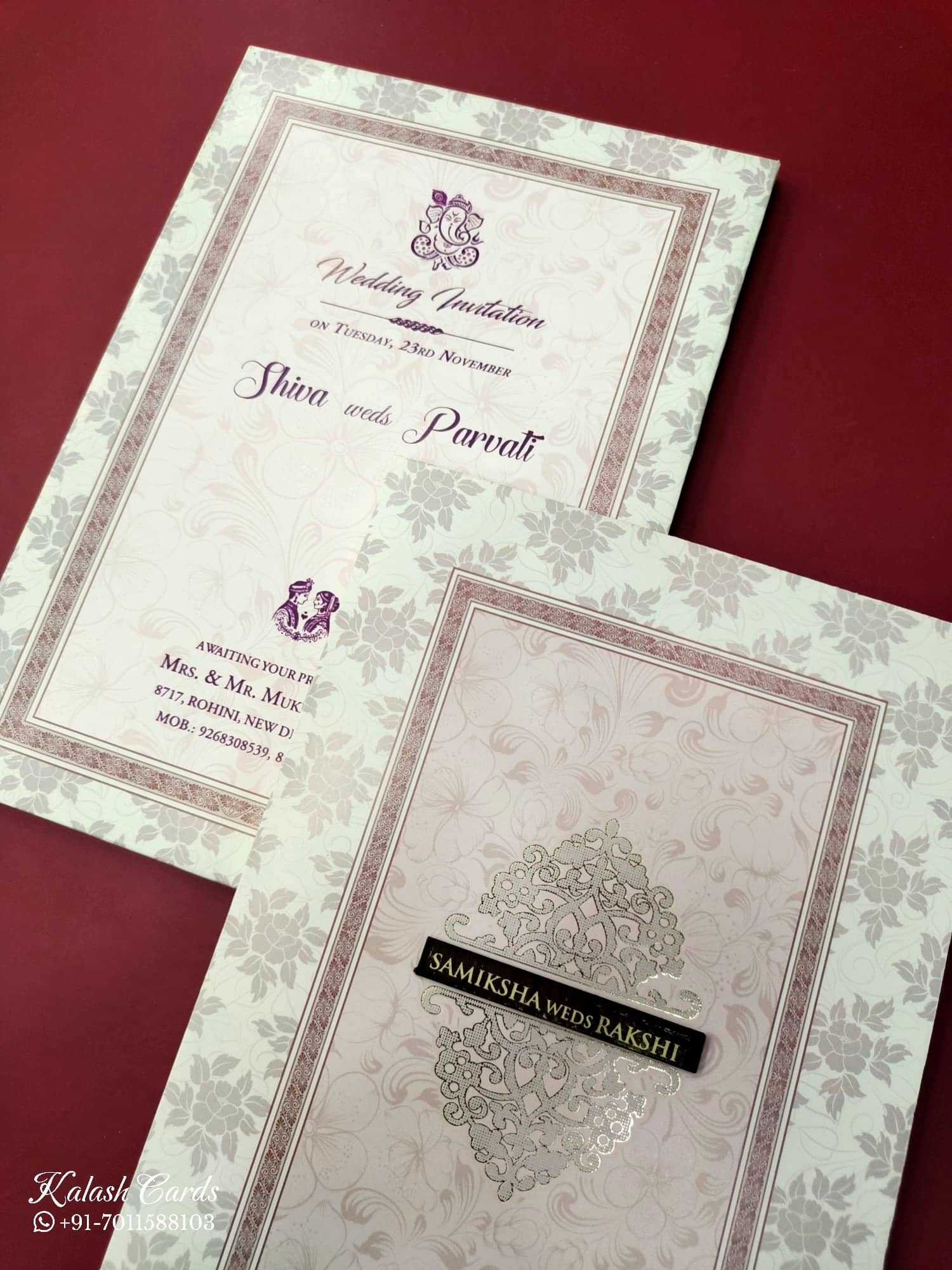 KLB666 Floral Traditional Design Green Pink Color Semi Box Wedding Card (2 Page & 1 Couple Name Wooden Plate)