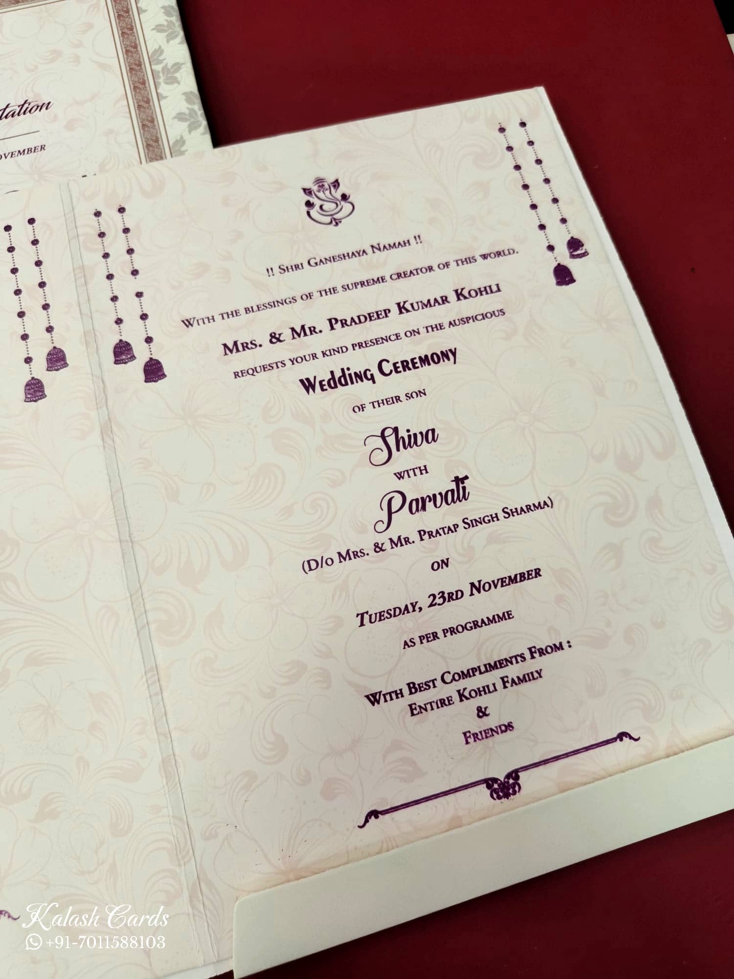 KLB666 Floral Traditional Design Green Pink Color Semi Box Wedding Card (2 Page & 1 Couple Name Wooden Plate)
