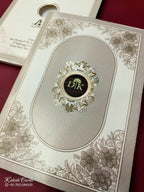 KLB667 Floral Design Creme Grey Color Embossed Semi Box Wedding Card (2 Page & 1 Couple Name Wooden Plate)