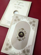 KLB667 Floral Design Creme Grey Color Embossed Semi Box Wedding Card (2 Page & 1 Couple Name Wooden Plate)