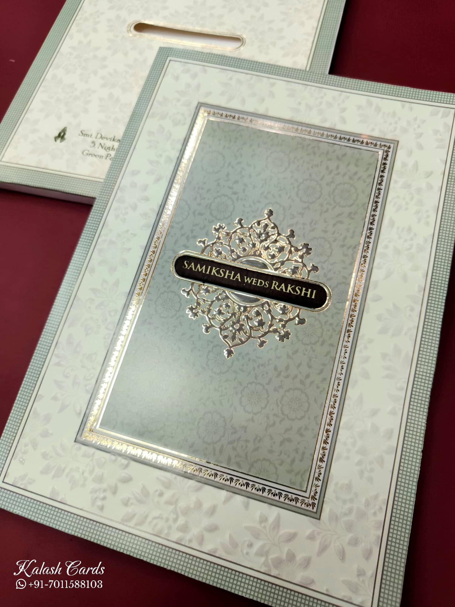 KLB668 Floral Design Green Color Embossed Semi Box Wedding Card (2 Page)