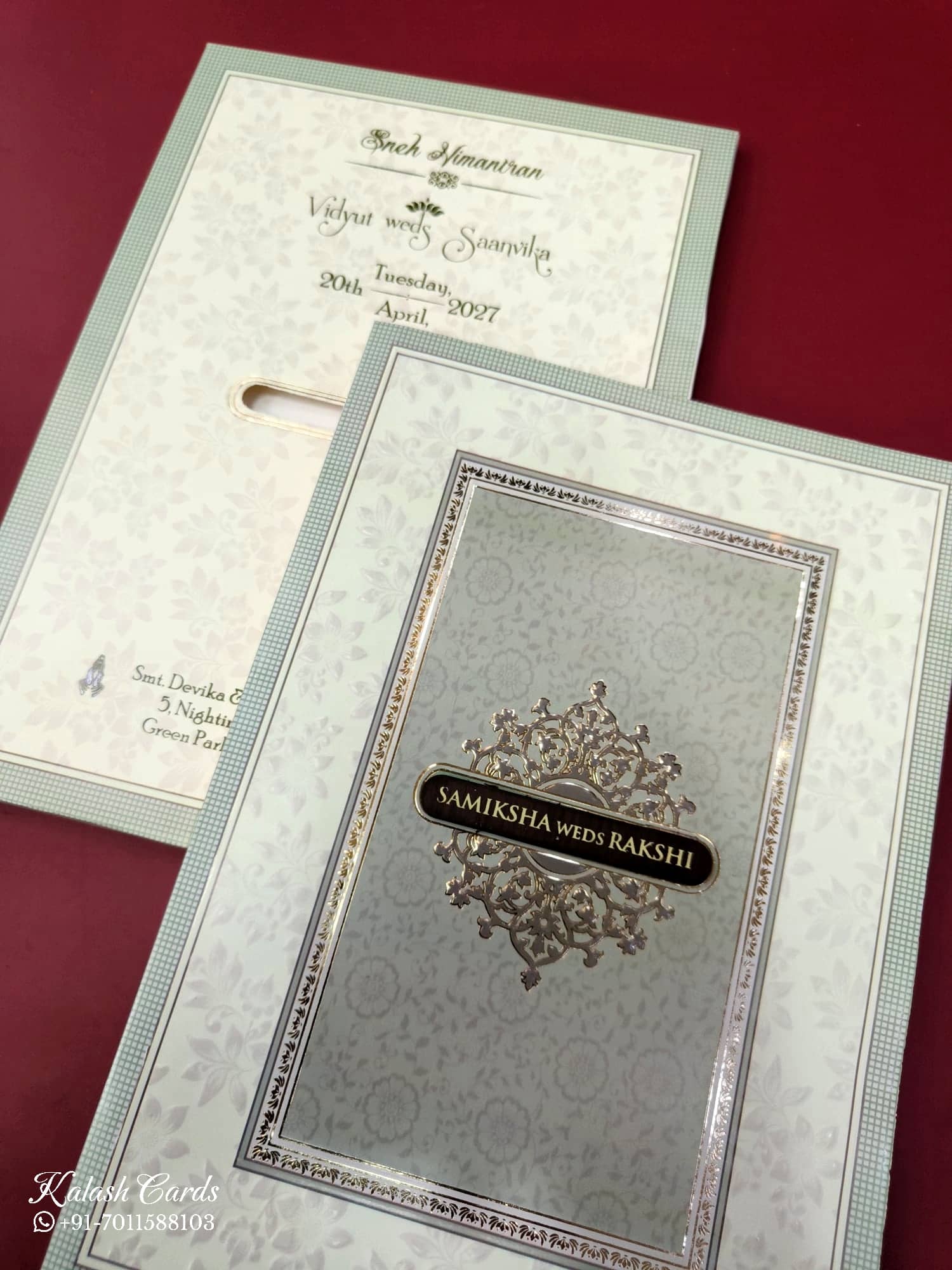 KLB668 Floral Design Green Color Embossed Semi Box Wedding Card (2 Page)