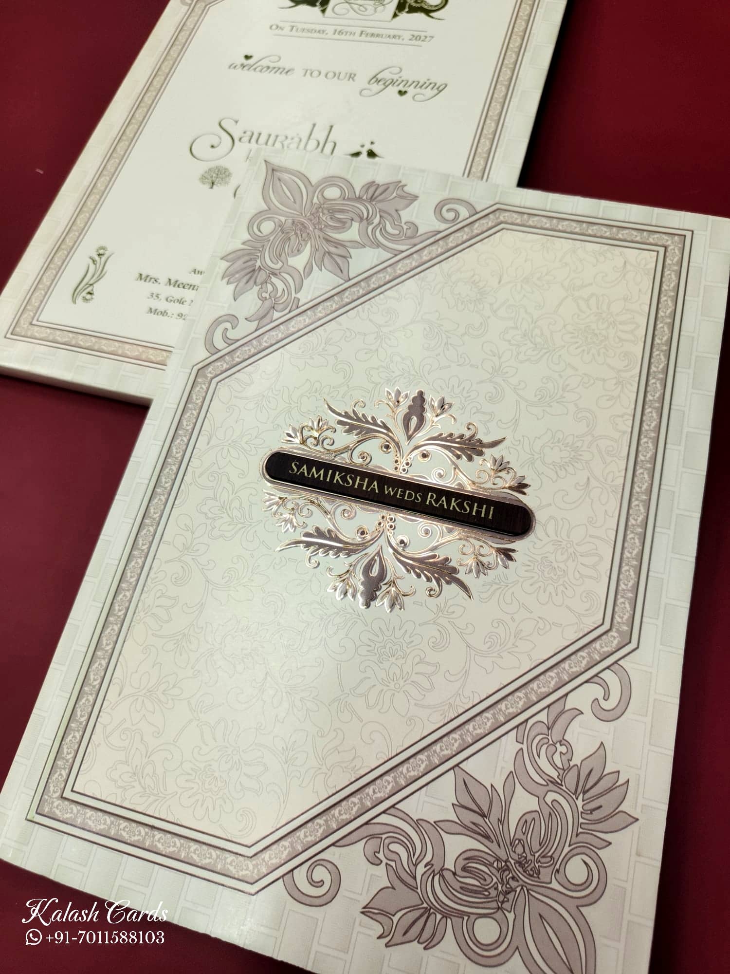 KLB669 Floral Design Green Color Embossed Semi Box Wedding Card (2 Page & 1 Couple Name Wooden Plate)