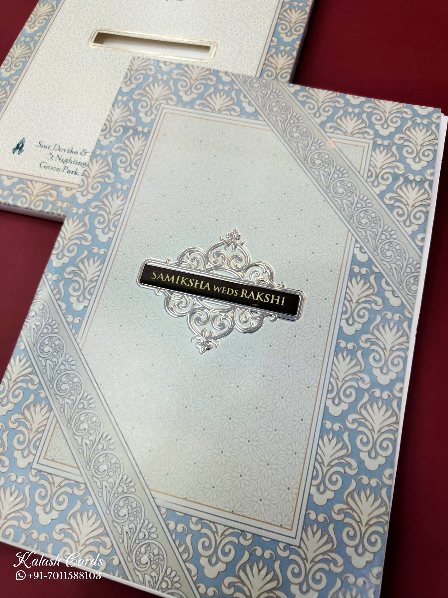 KLB670 Floral Traditional Design Blue Color Embossed Semi Box Wedding Card (2 Page & 1 Couple Name Wooden Plate)