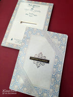 KLB670 Floral Traditional Design Blue Color Embossed Semi Box Wedding Card (2 Page & 1 Couple Name Wooden Plate)