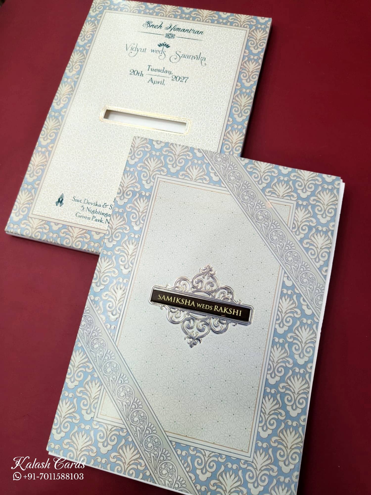 KLB670 Floral Traditional Design Blue Color Embossed Semi Box Wedding Card (2 Page & 1 Couple Name Wooden Plate)