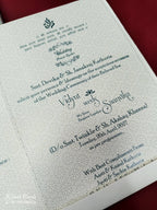 KLB670 Floral Traditional Design Blue Color Embossed Semi Box Wedding Card (2 Page & 1 Couple Name Wooden Plate)