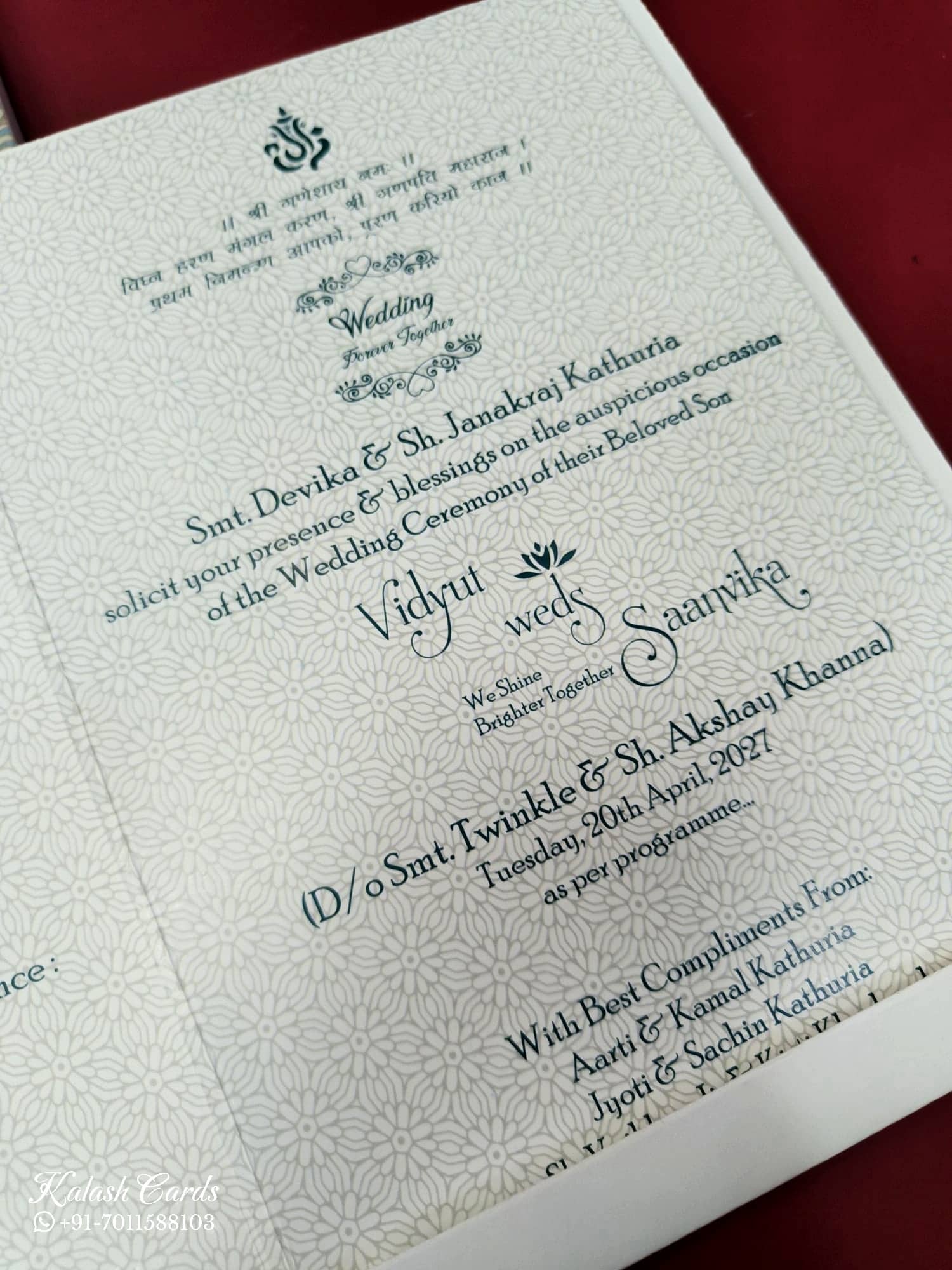 KLB670 Floral Traditional Design Blue Color Embossed Semi Box Wedding Card (2 Page & 1 Couple Name Wooden Plate)