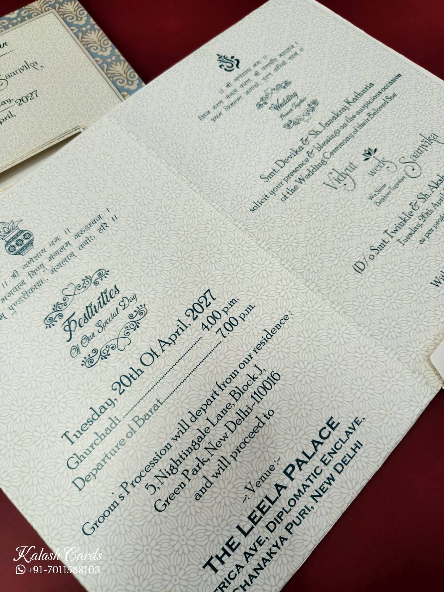 KLB670 Floral Traditional Design Blue Color Embossed Semi Box Wedding Card (2 Page & 1 Couple Name Wooden Plate)