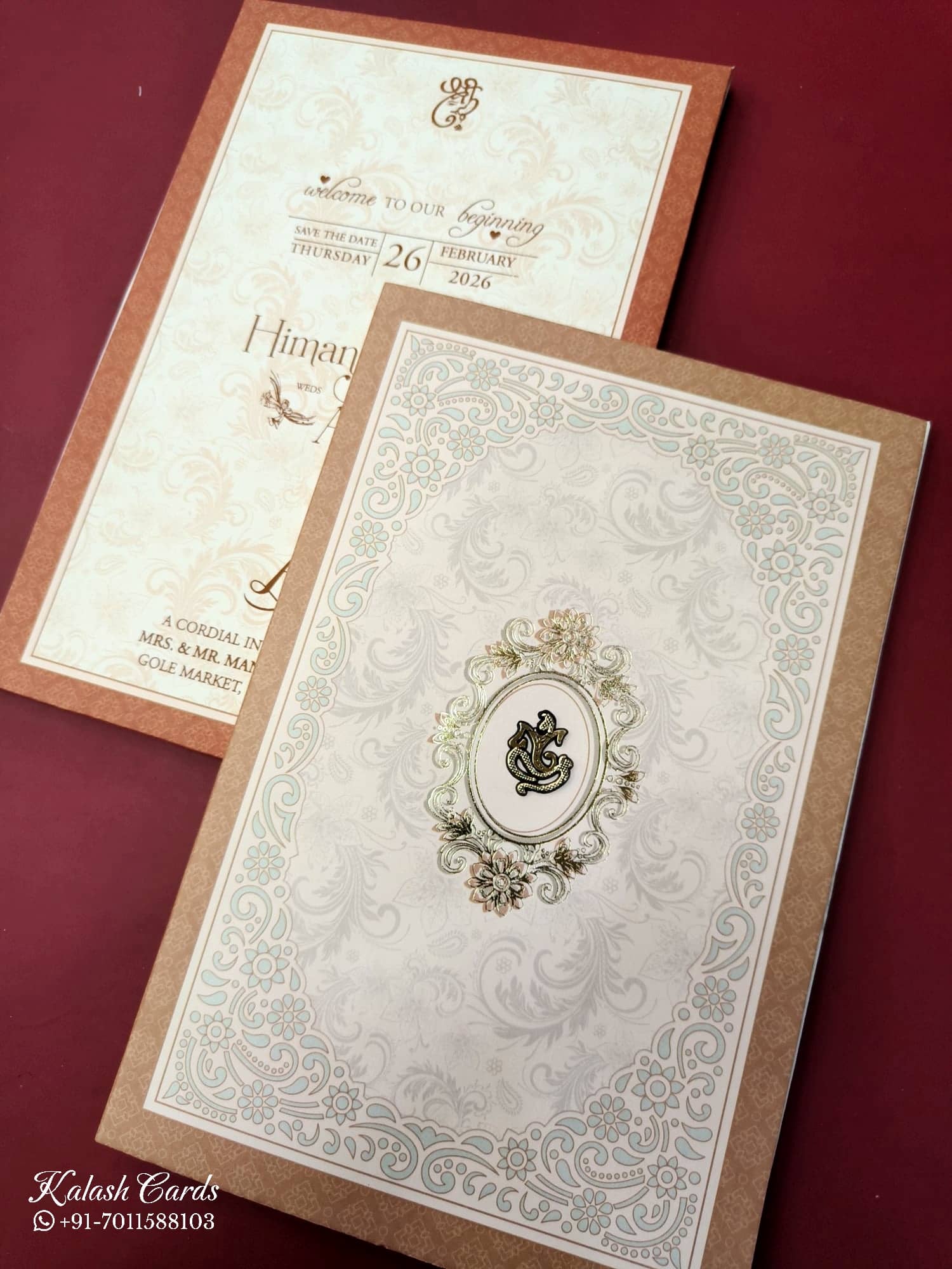 KLB671 Floral Design Brown Color Semi Box Wedding Card (2 Page)