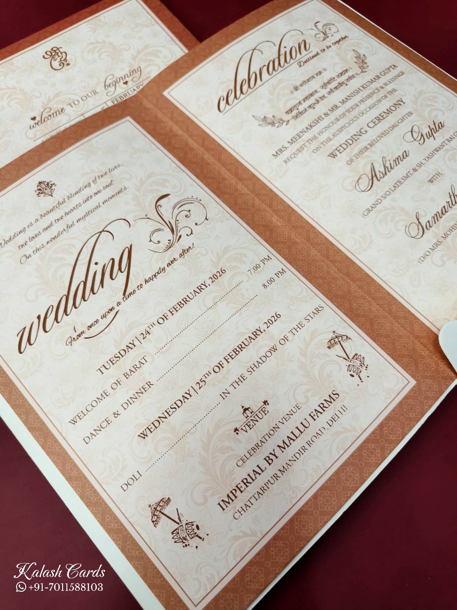KLB671 Floral Design Brown Color Semi Box Wedding Card (2 Page)