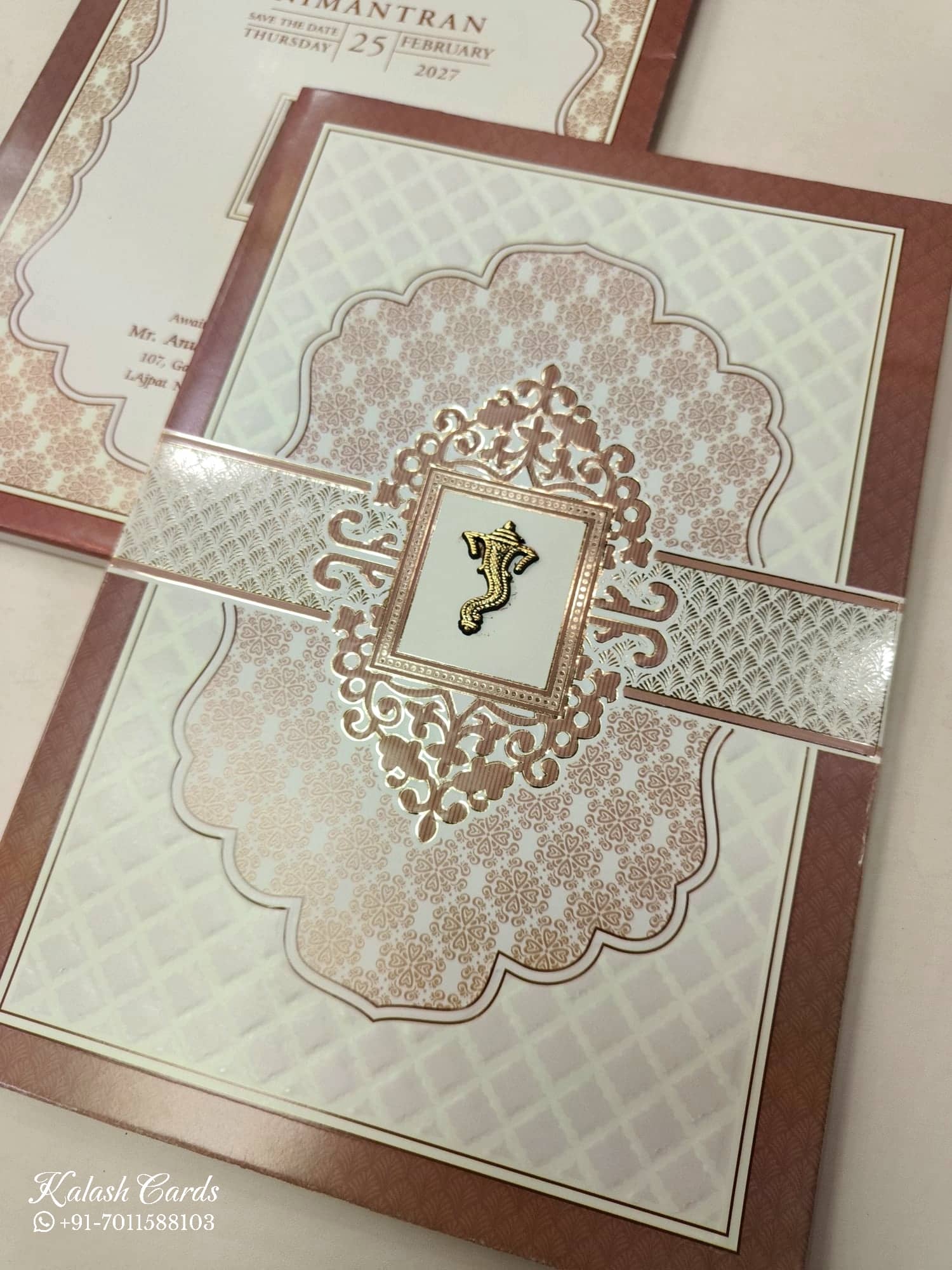 KLB672 Traditional Design Brown Color Embossed Semi Box Wedding Card (2 Page)