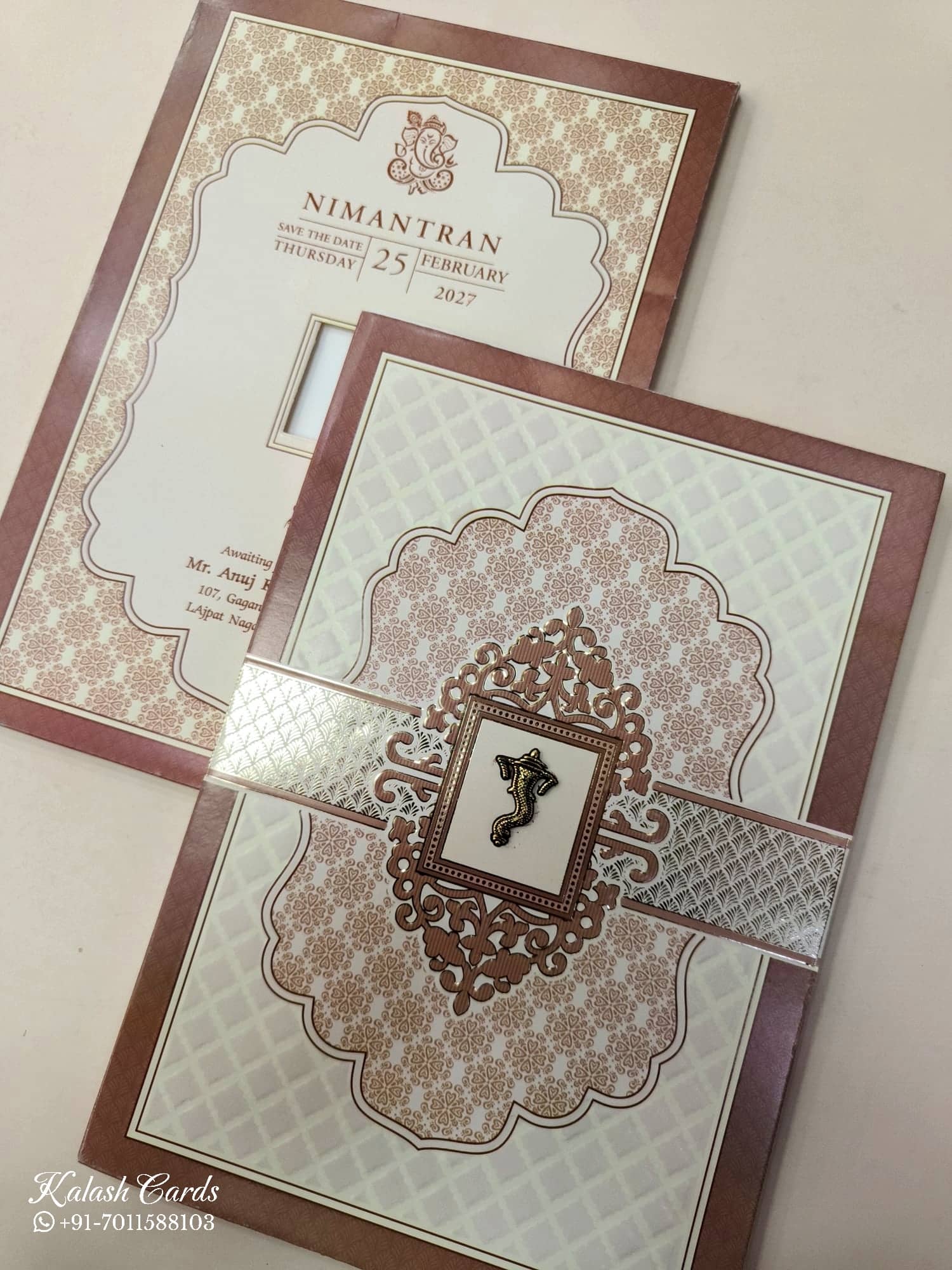 KLB672 Traditional Design Brown Color Embossed Semi Box Wedding Card (2 Page)